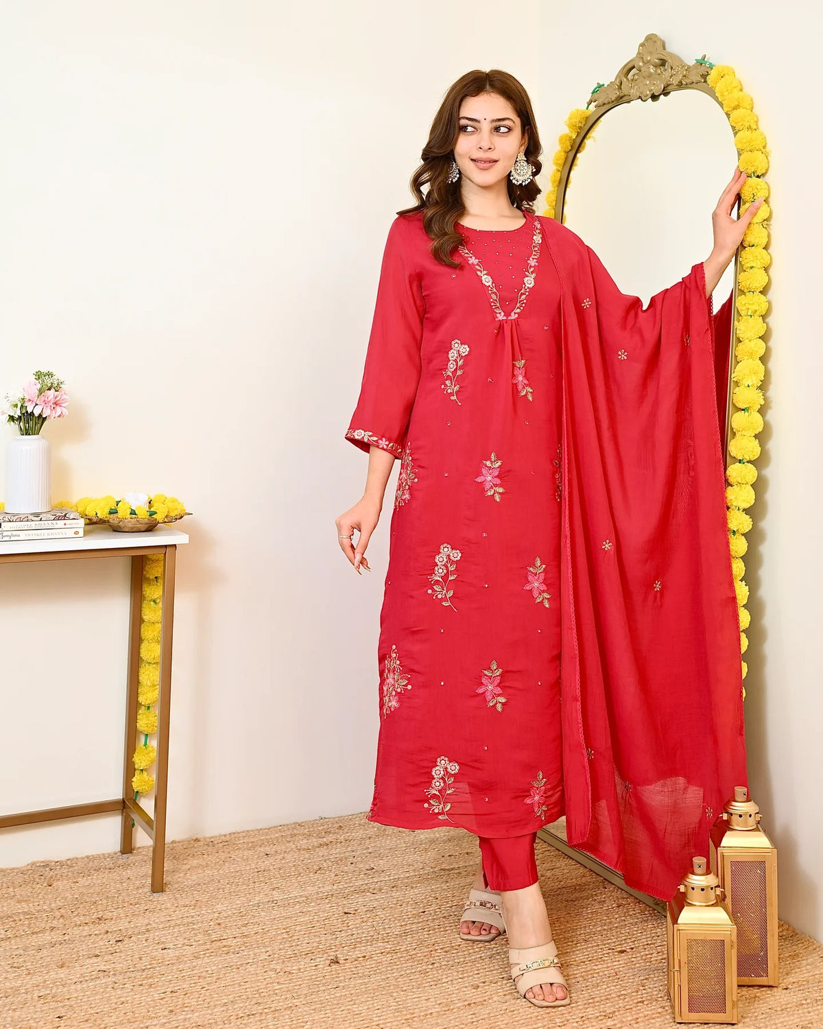 Women's Red Embroidered Straight Kurta Set With Dupatta And Pant