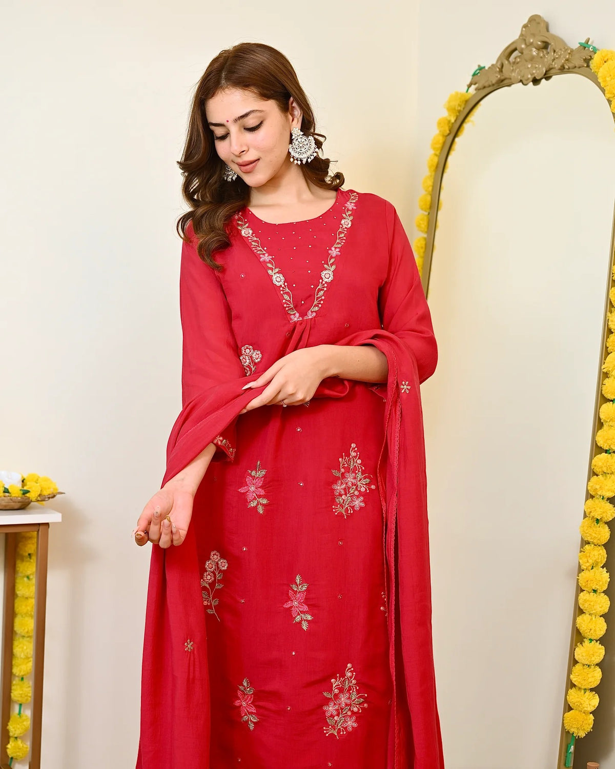 Women's Red Embroidered Straight Kurta Set With Dupatta And Pant