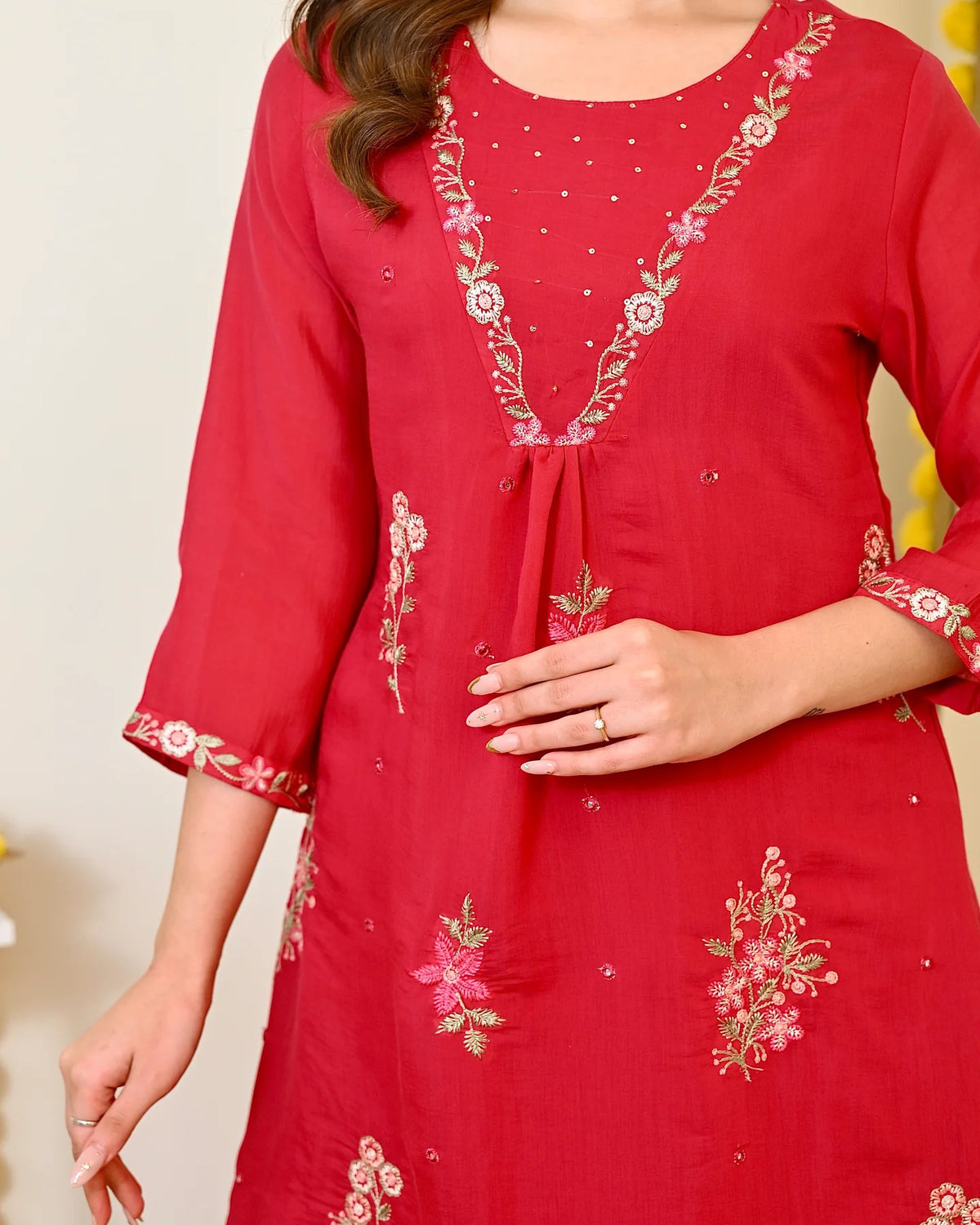 Women's Red Embroidered Straight Kurta Set With Dupatta And Pant