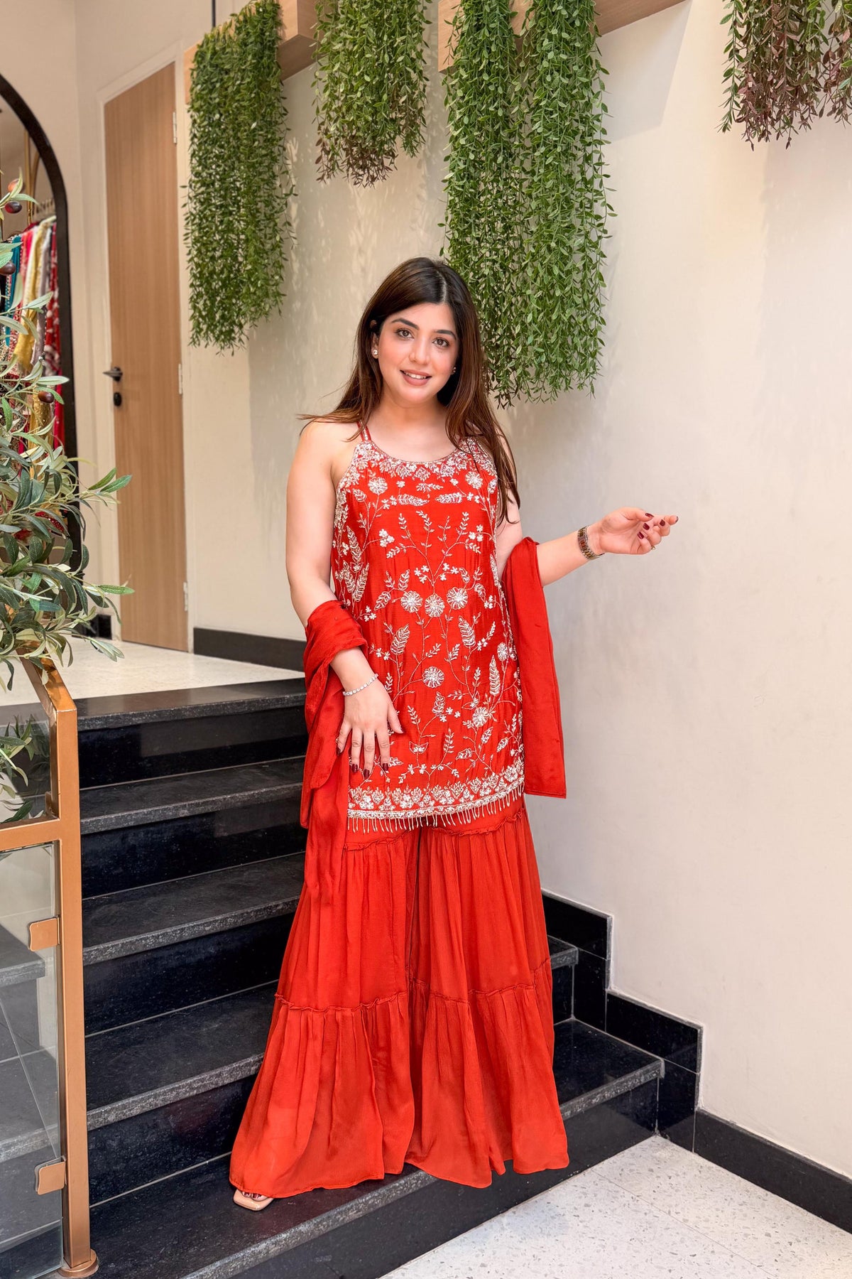 Women's Rust Floral Embroidered Regular Thread Work Kurta with Sharara & With Dupatta