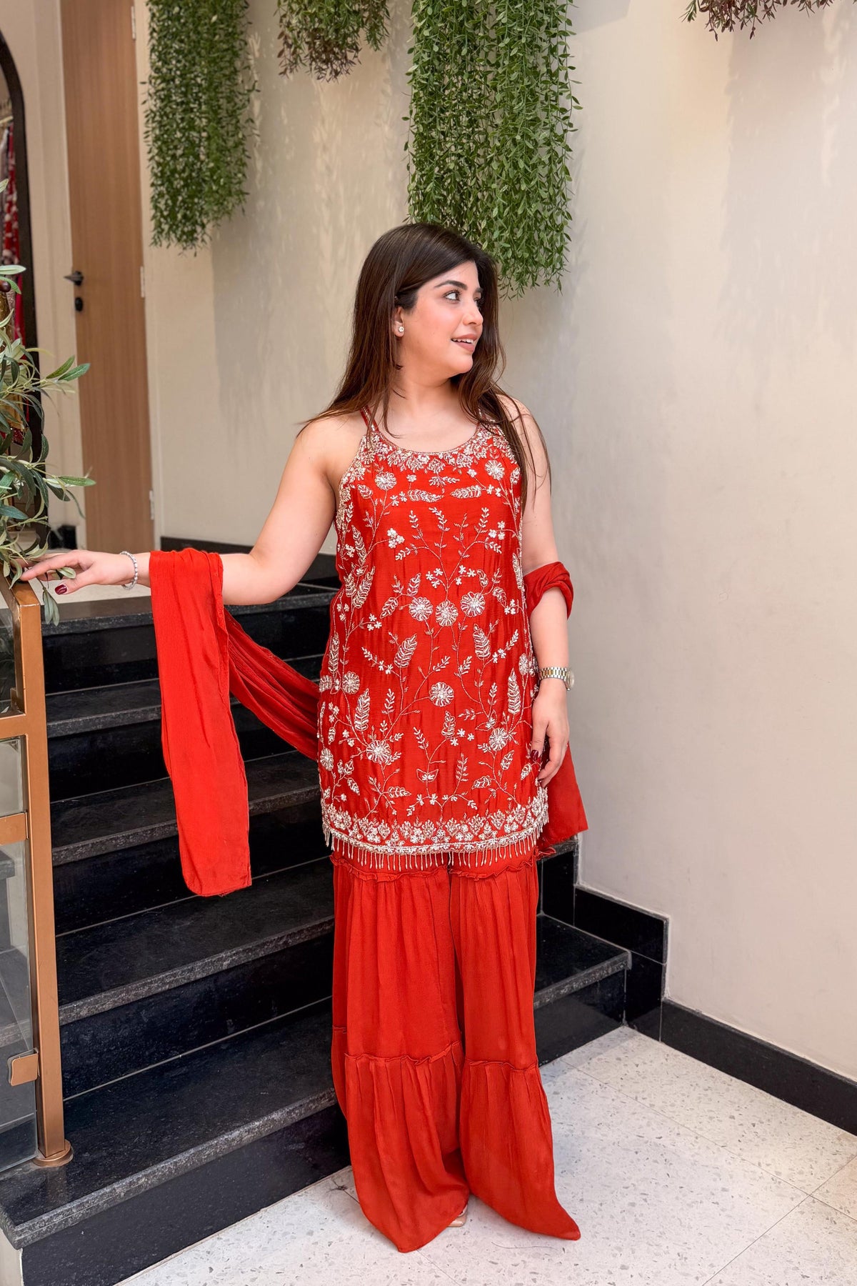 Women's Rust Floral Embroidered Regular Thread Work Kurta with Sharara & With Dupatta