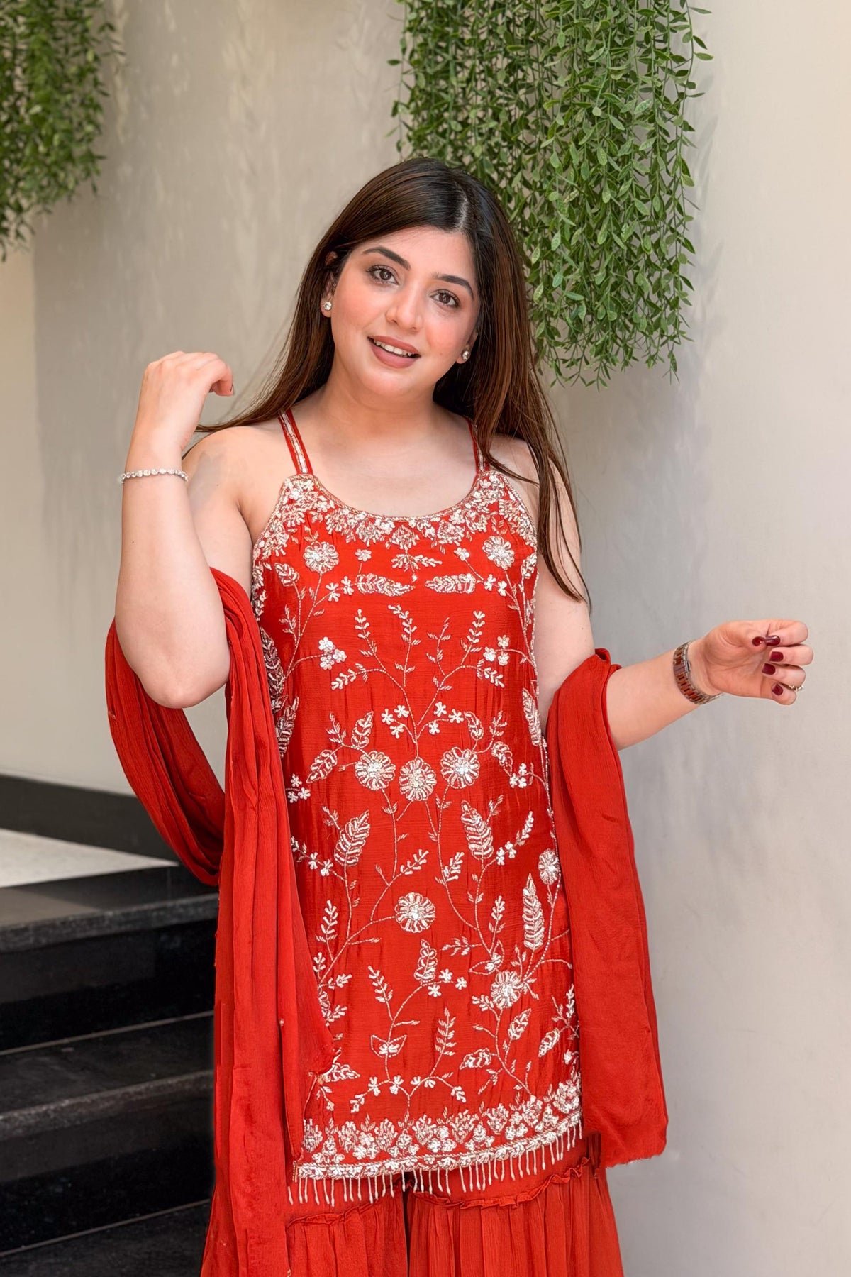 Women's Rust Floral Embroidered Regular Thread Work Kurta with Sharara & With Dupatta