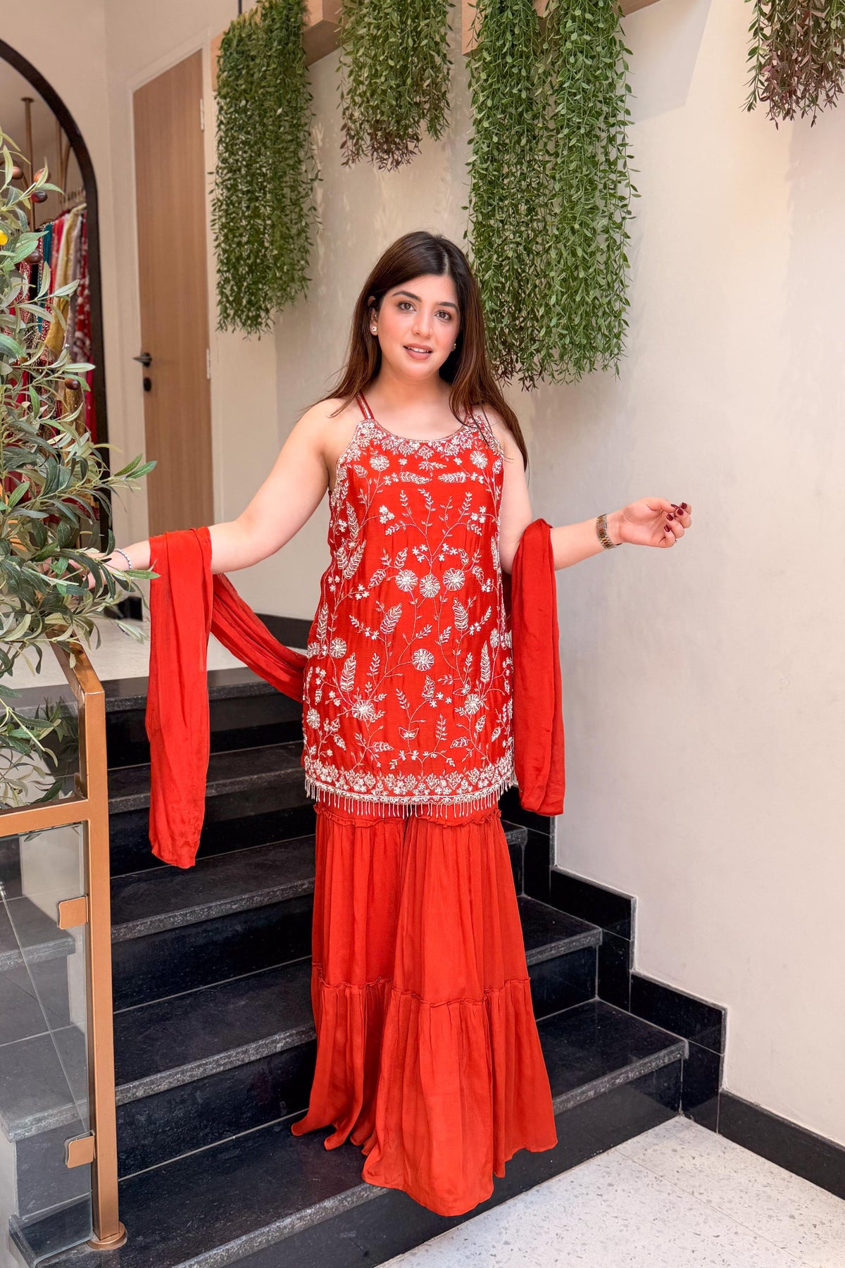 Women's Rust Floral Embroidered Regular Thread Work Kurta with Sharara & With Dupatta
