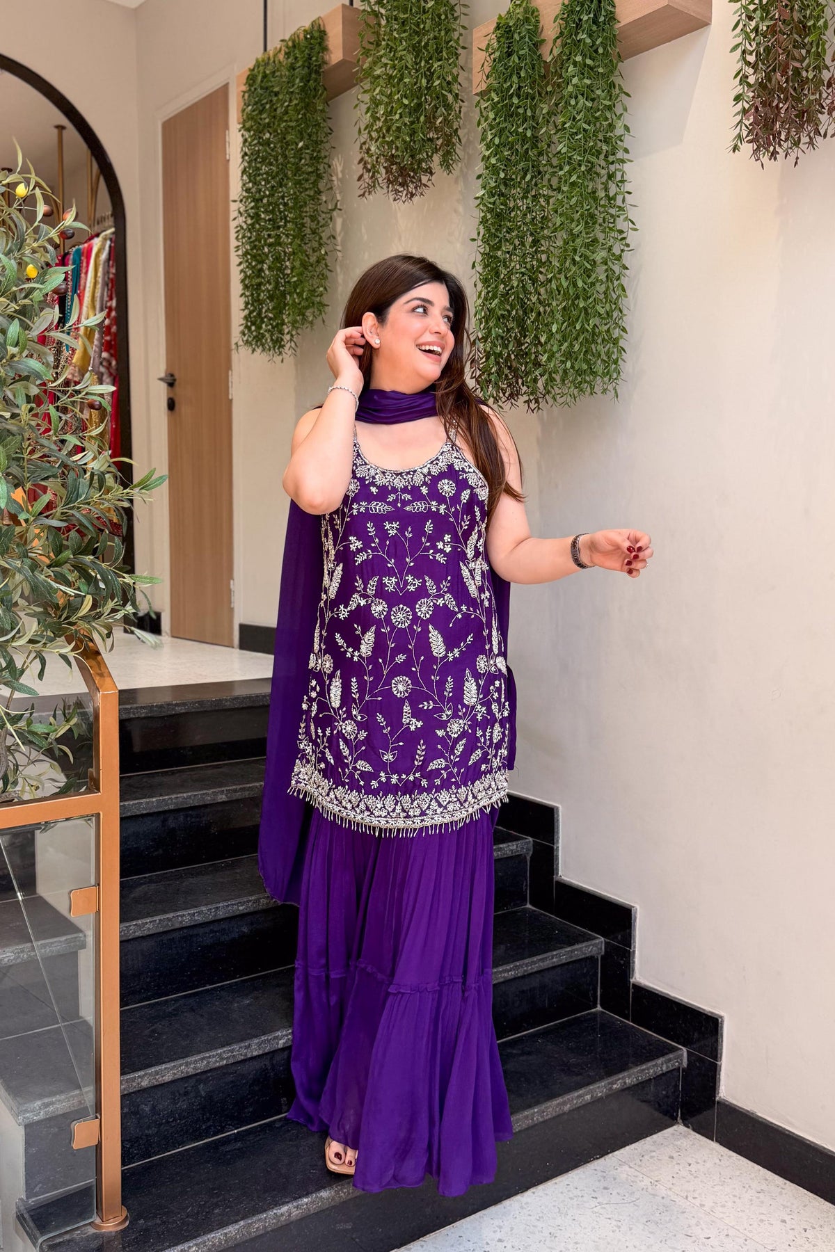 Women's Wine Floral Embroidered Regular Thread Work Kurta with Sharara & With Dupatta