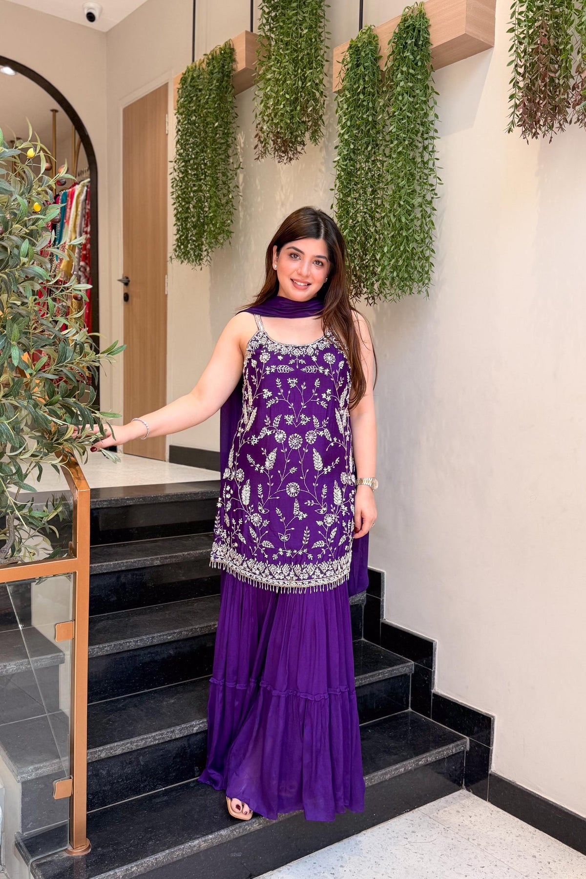Women's Wine Floral Embroidered Regular Thread Work Kurta with Sharara & With Dupatta