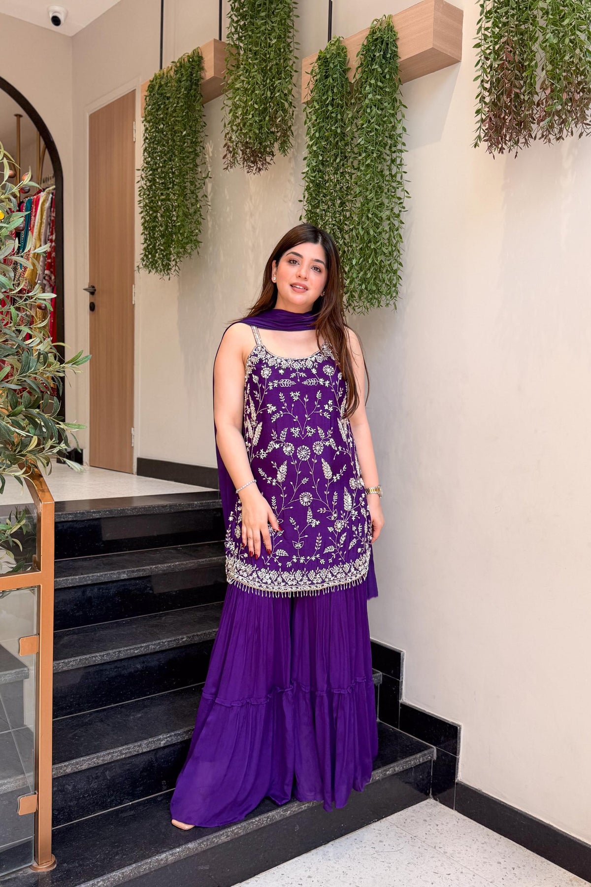 Women's Wine Floral Embroidered Regular Thread Work Kurta with Sharara & With Dupatta
