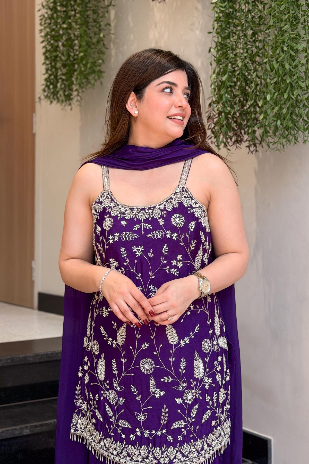Women's Wine Floral Embroidered Regular Thread Work Kurta with Sharara & With Dupatta