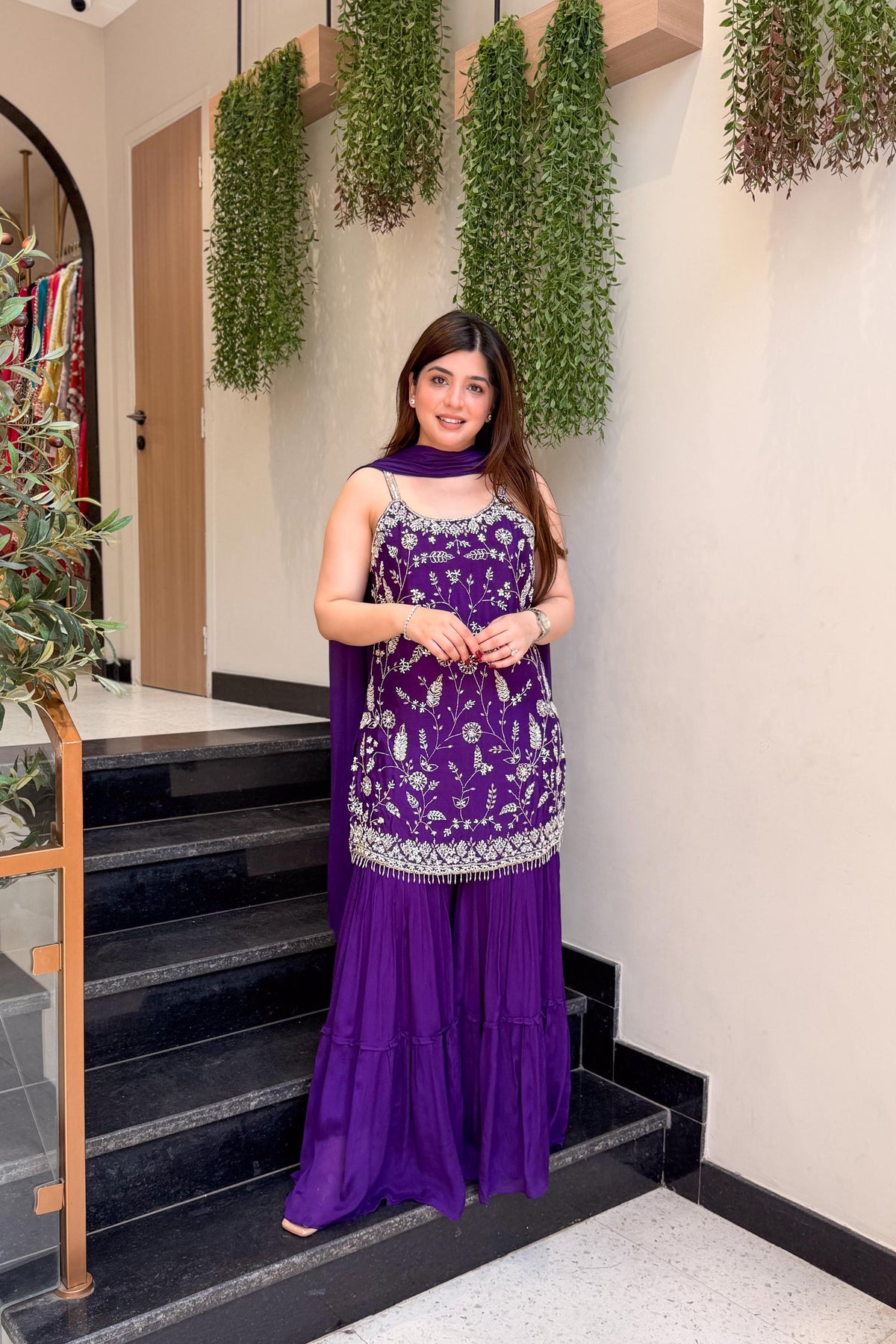 Women's Wine Floral Embroidered Regular Thread Work Kurta with Sharara & With Dupatta