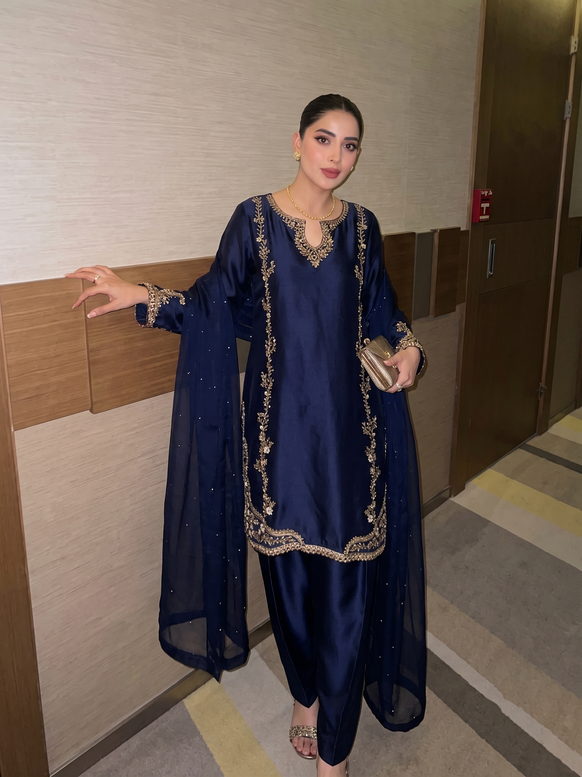 Women’s Navy Blue Silk Embroidered Straight Kurta Set with Palazzo & Dupatta