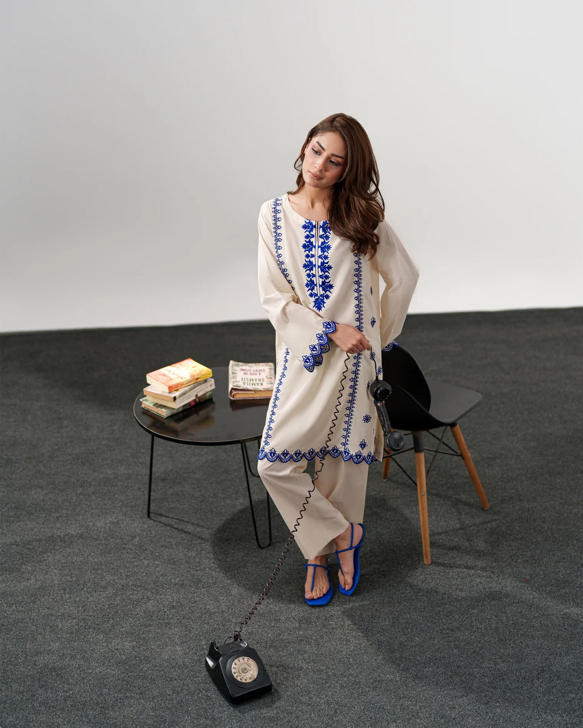 White Embroidered Short Kurta Suit Set for Women