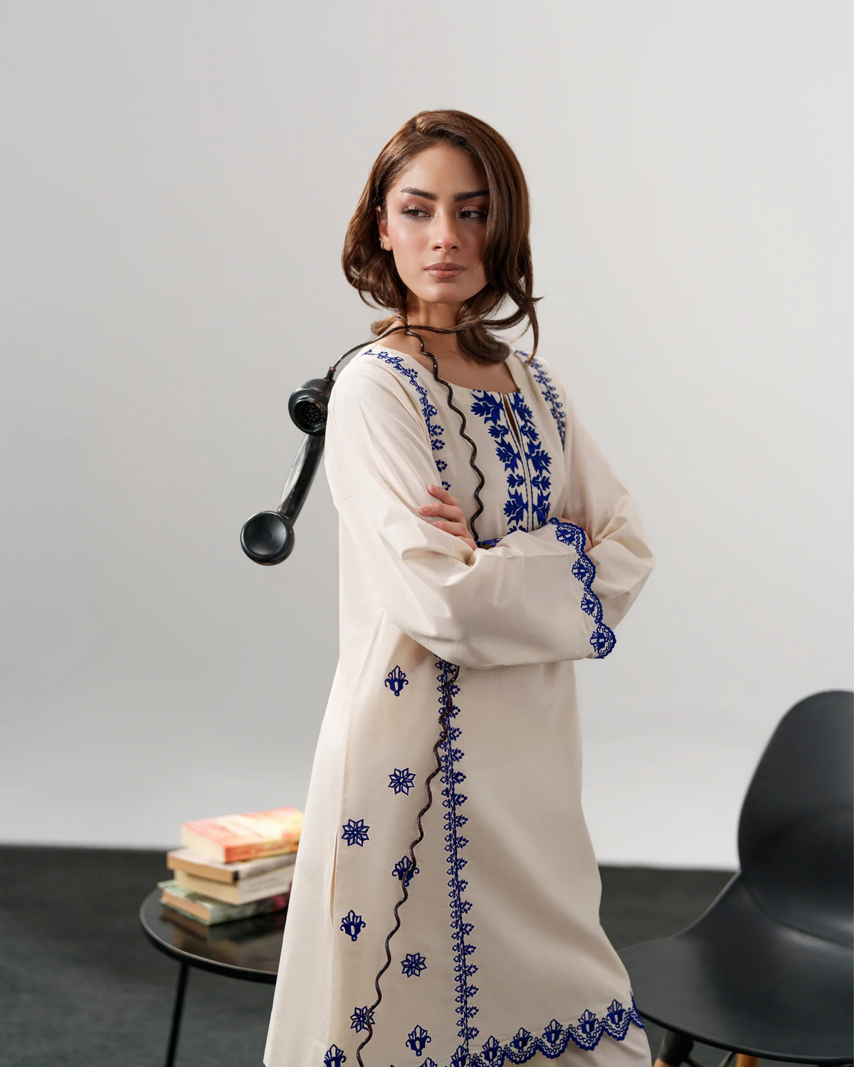 White Embroidered Short Kurta Suit Set for Women