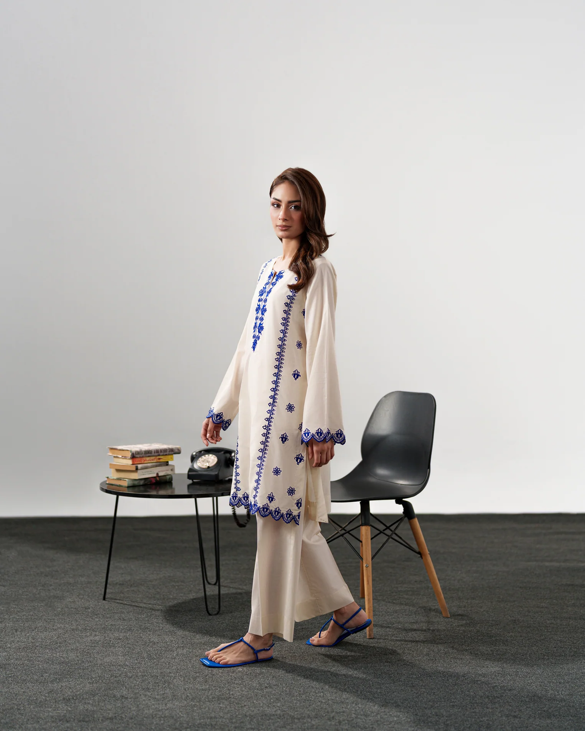 White Embroidered Short Kurta Suit Set for Women