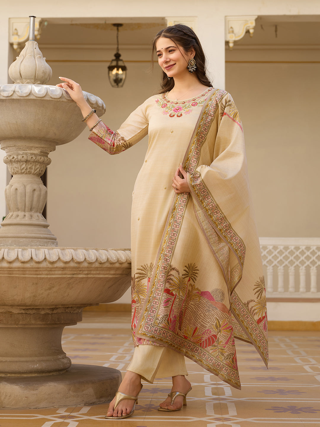 Women's Beige cream Embroidered Floral Art Silk Ethnic Kurta Set with Pants