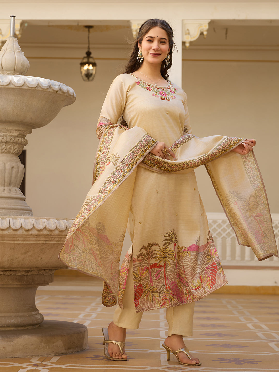 Women's Beige cream Embroidered Floral Art Silk Ethnic Kurta Set with Pants