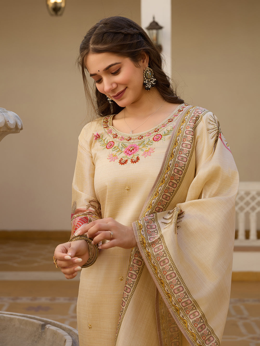 Women's Beige cream Embroidered Floral Art Silk Ethnic Kurta Set with Pants