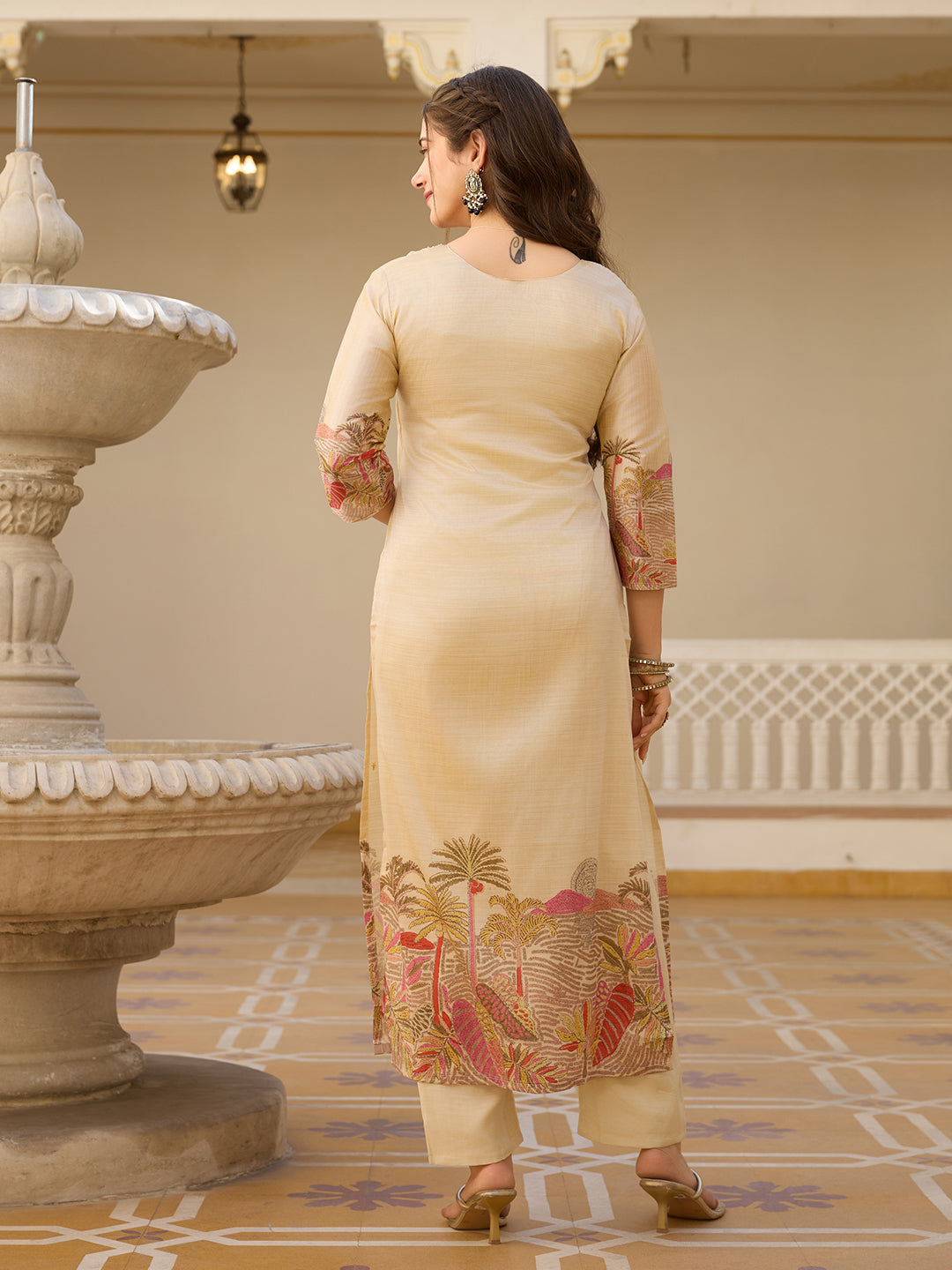 Women's Beige cream Embroidered Floral Art Silk Ethnic Kurta Set with Pants