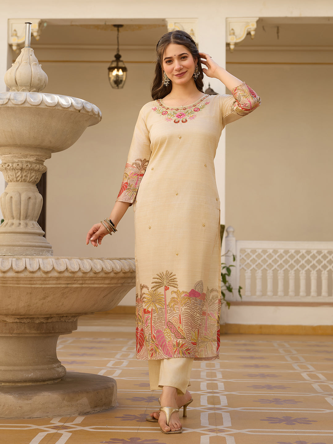 Women's Beige cream Embroidered Floral Art Silk Ethnic Kurta Set with Pants