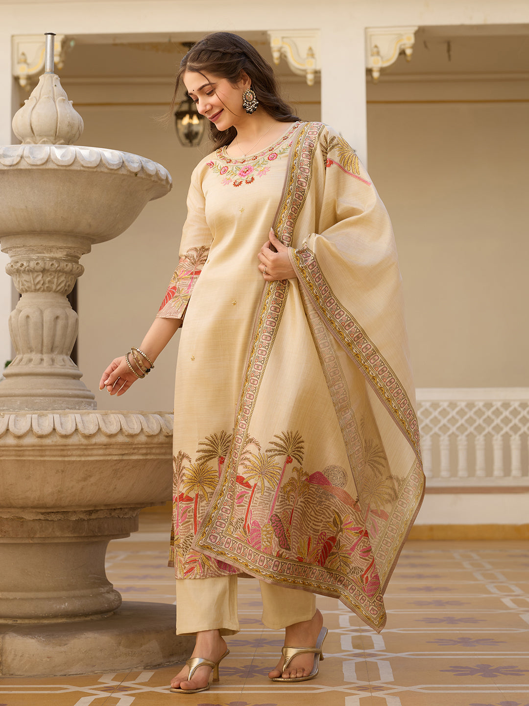 Women's Beige cream Embroidered Floral Art Silk Ethnic Kurta Set with Pants