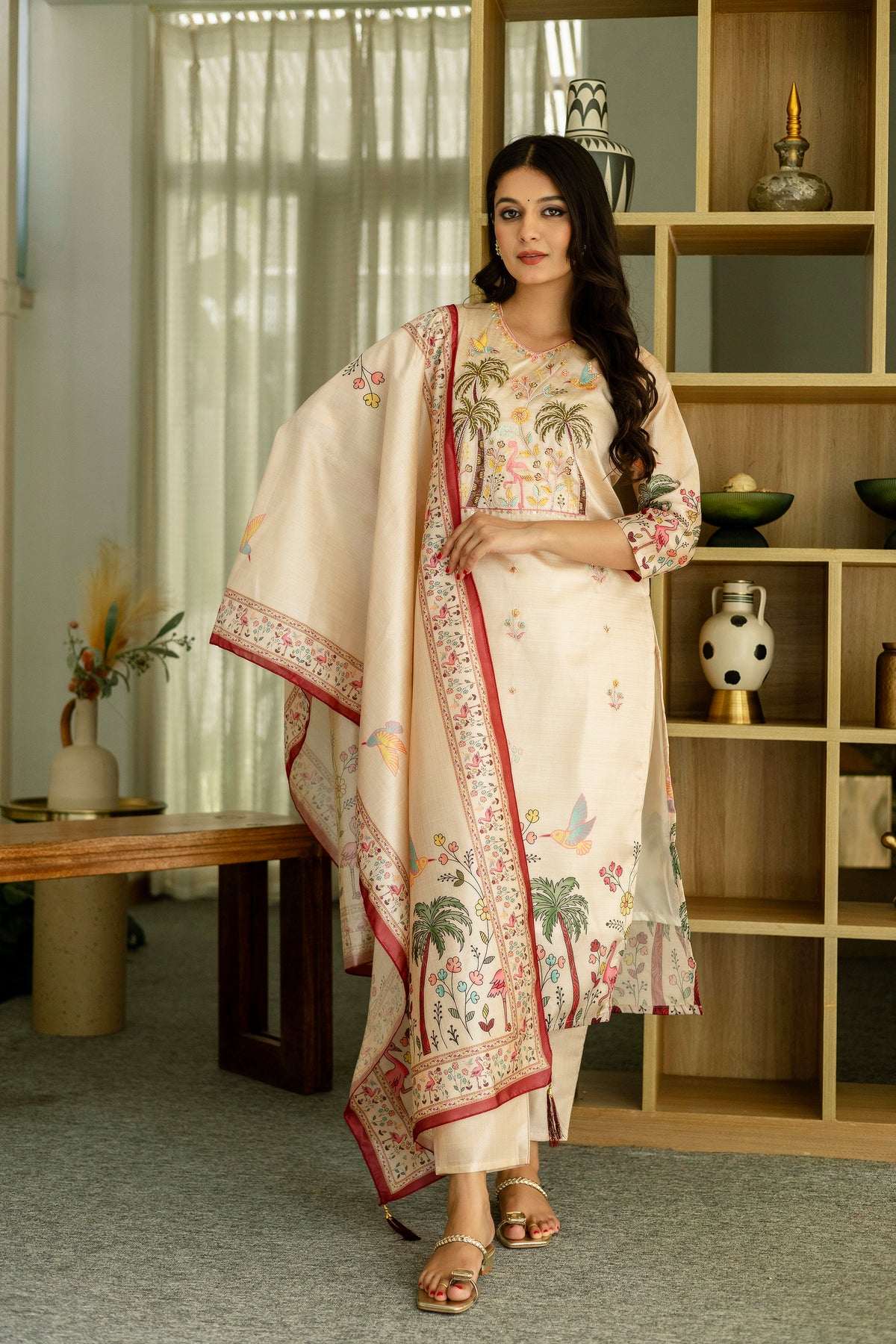 Women's Cream Silk Kurta Set with Embroidered Beads Work