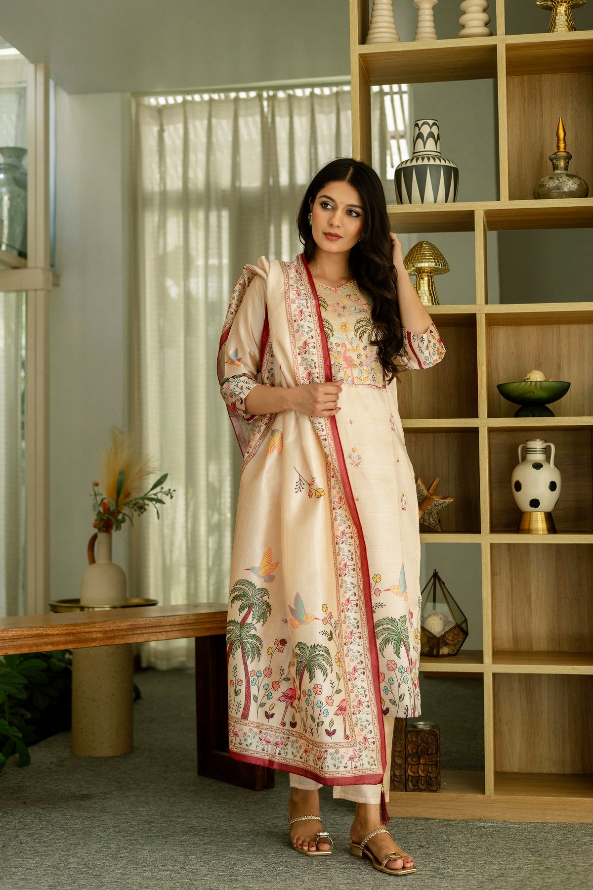 Women's Cream Silk Kurta Set with Embroidered Beads Work