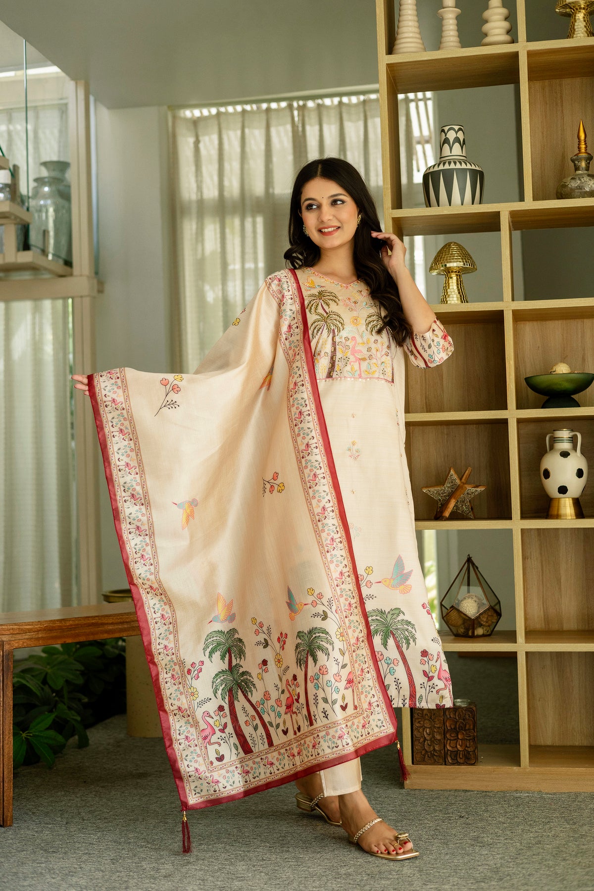 Women's Cream Silk Kurta Set with Embroidered Beads Work
