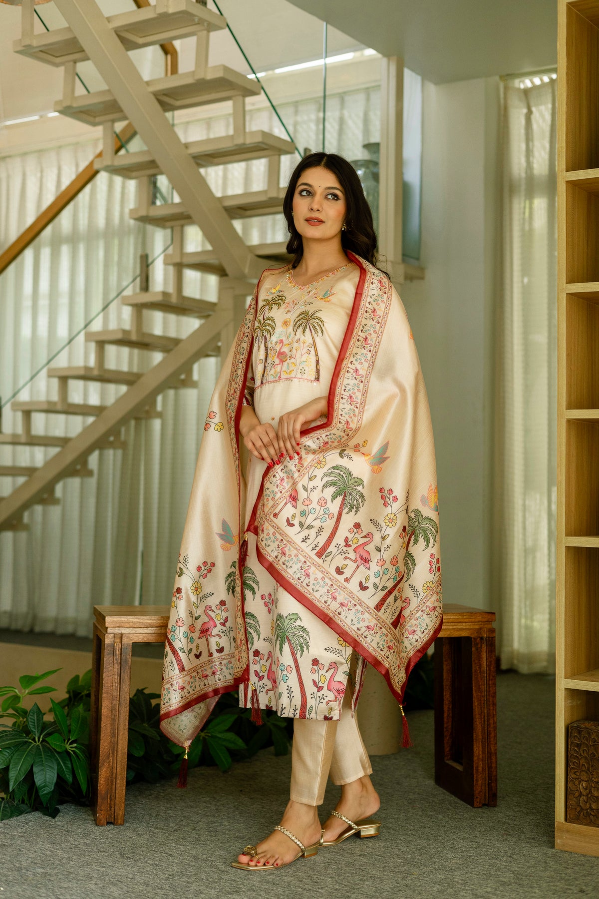 Women's Cream Silk Kurta Set with Embroidered Beads Work