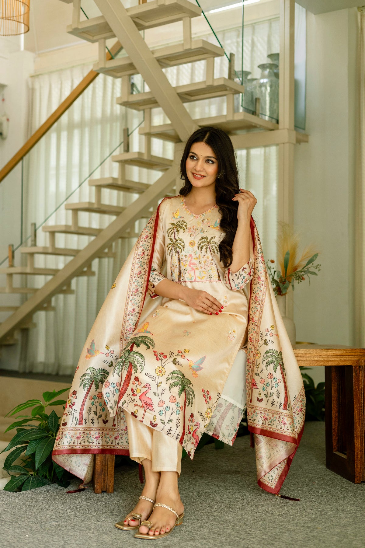 Women's Cream Silk Kurta Set with Embroidered Beads Work