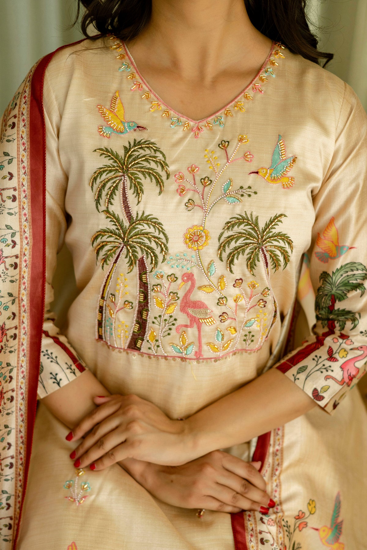 Women's Cream Silk Kurta Set with Embroidered Beads Work