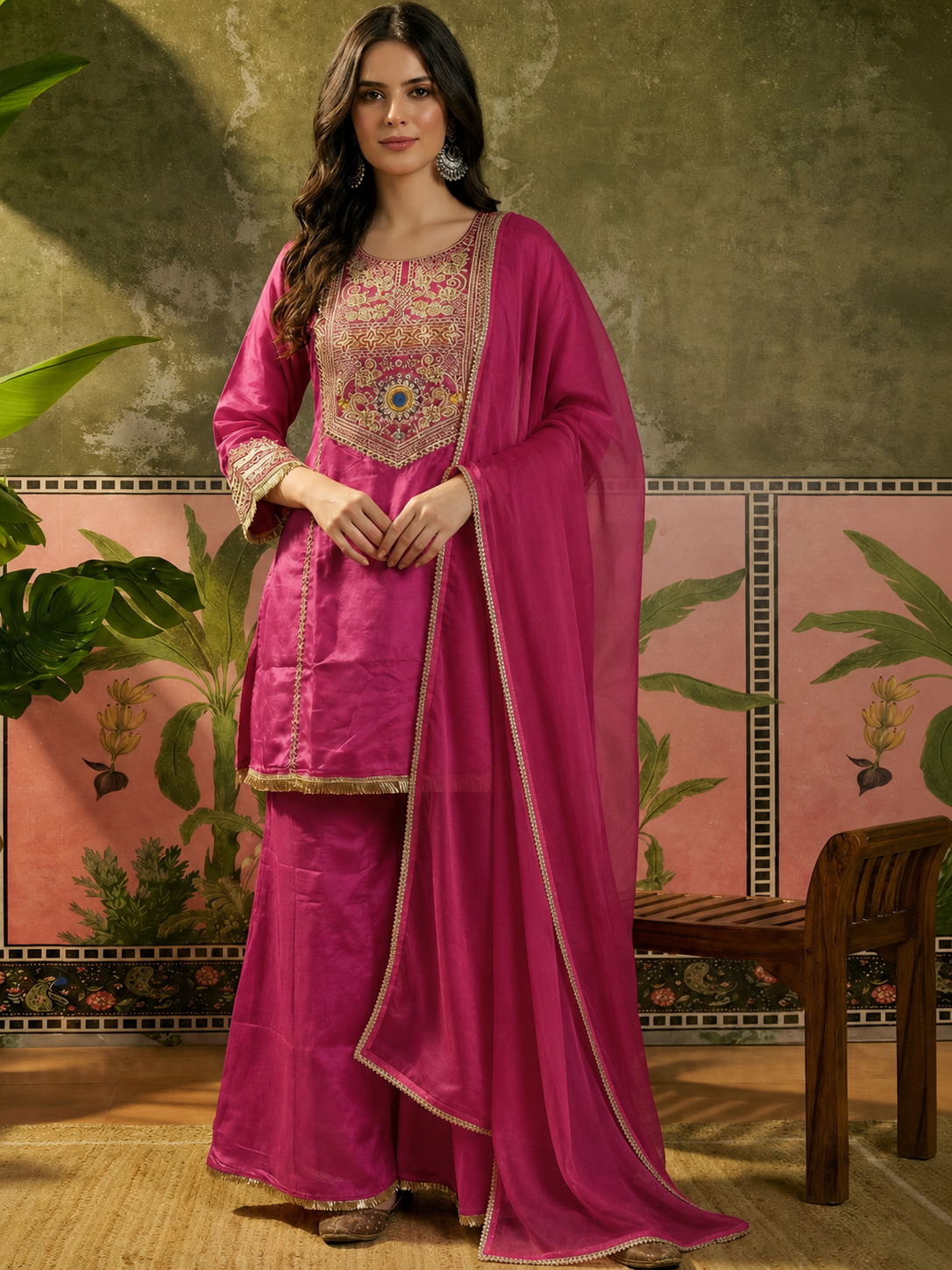 Pink Silk Embroidered Peplum Sharara Set With Dupatta For Women
