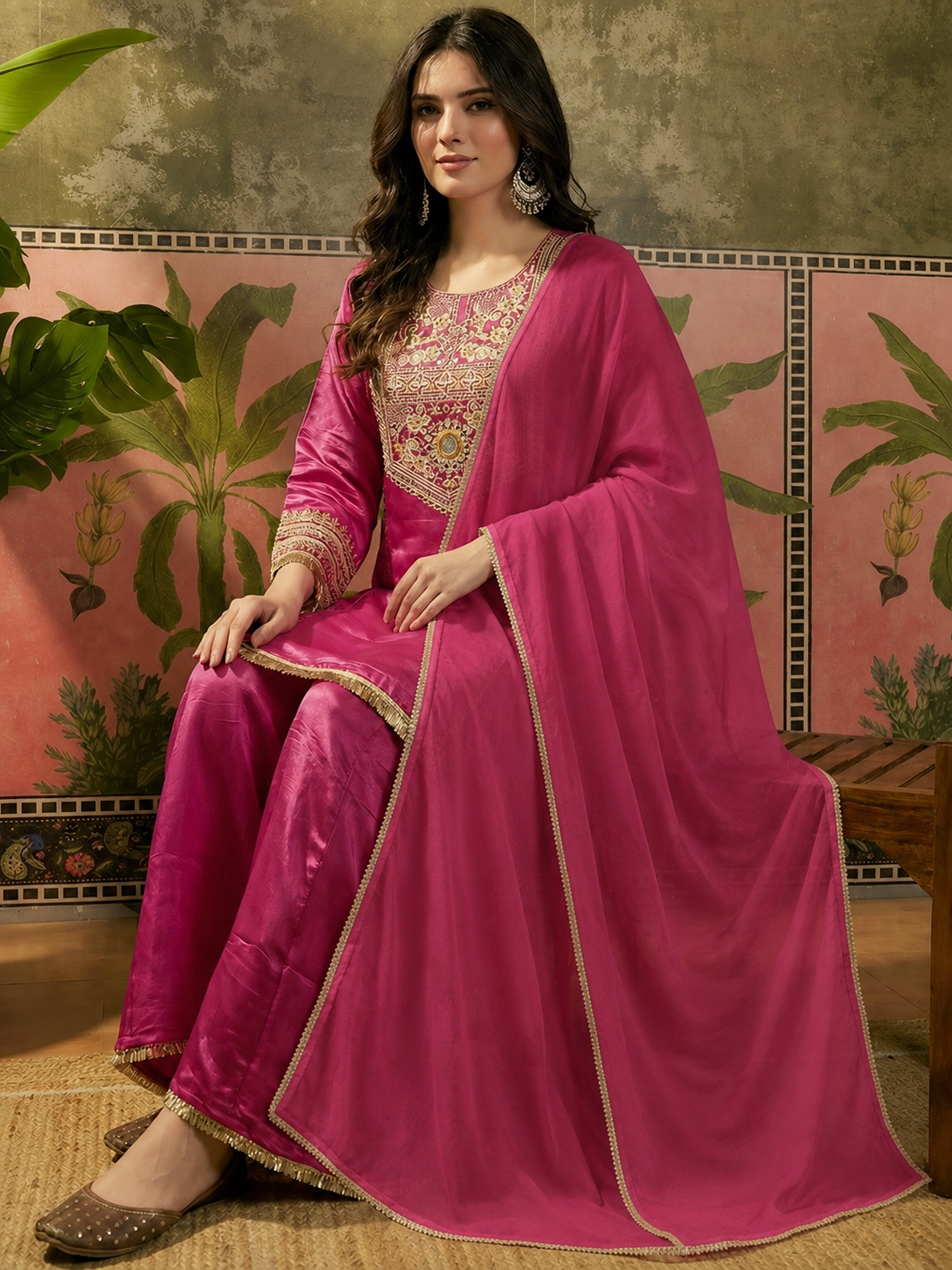 Pink Silk Embroidered Peplum Sharara Set With Dupatta For Women