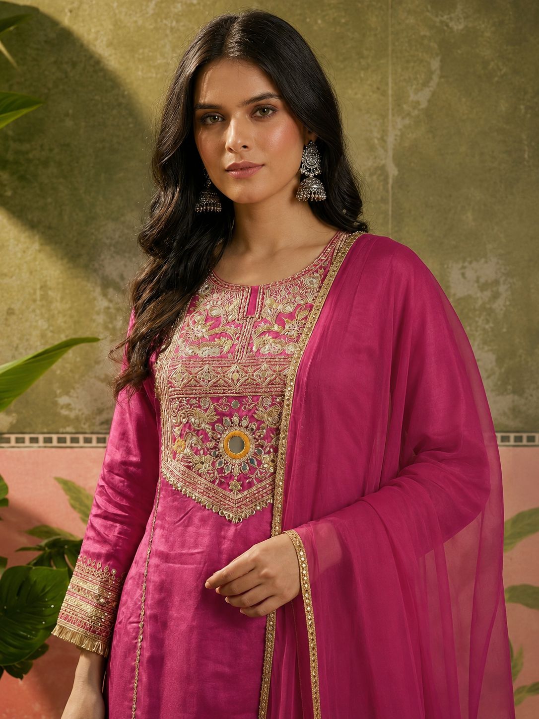 Pink Silk Embroidered Peplum Sharara Set With Dupatta For Women