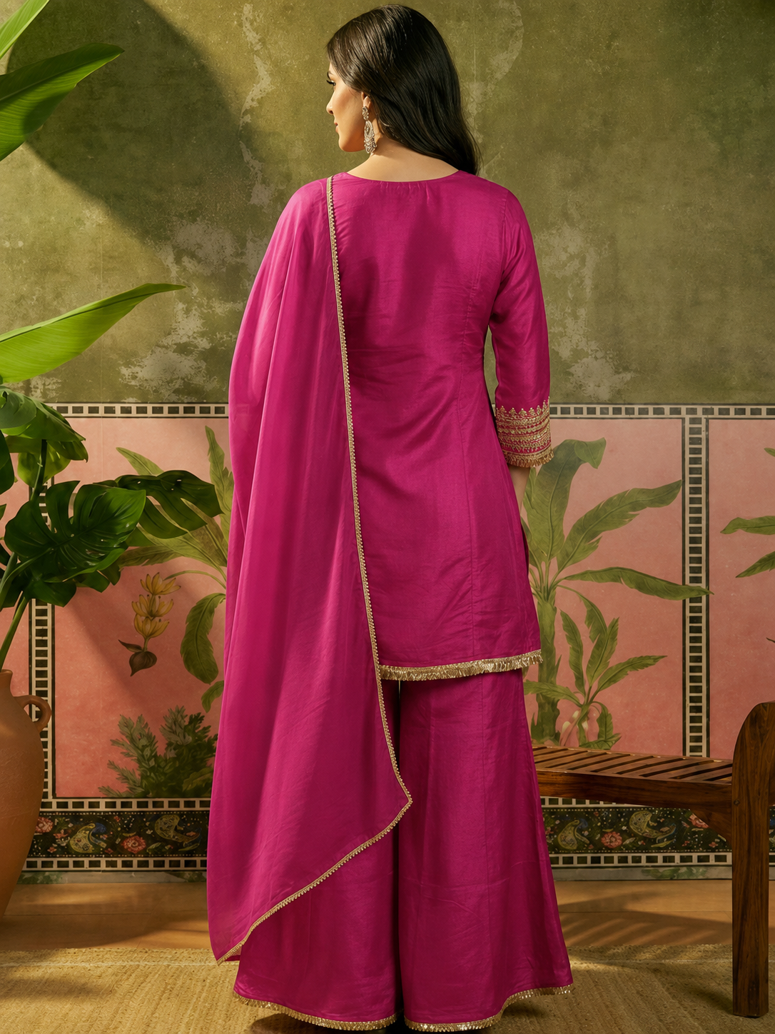 Pink Silk Embroidered Peplum Sharara Set With Dupatta For Women