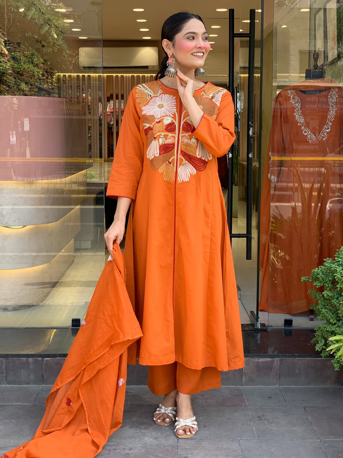 Himani Orange Silk Anarkali Kurta Set with Dupatta for Women