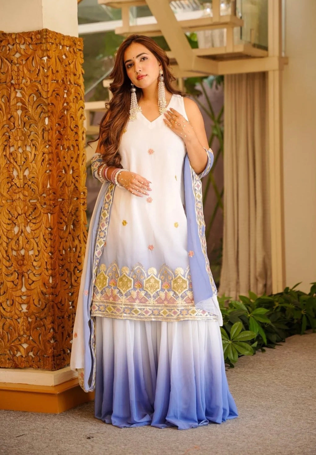 White Ombre Silk Embroidered Short Kurta Palazzo Set With Dupatta