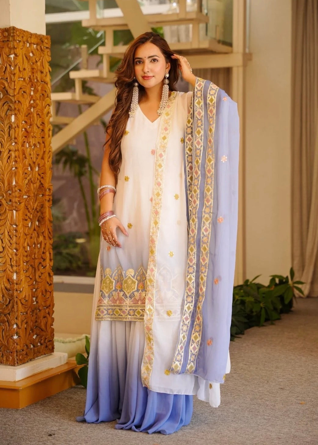 White Ombre Silk Embroidered Short Kurta Palazzo Set With Dupatta
