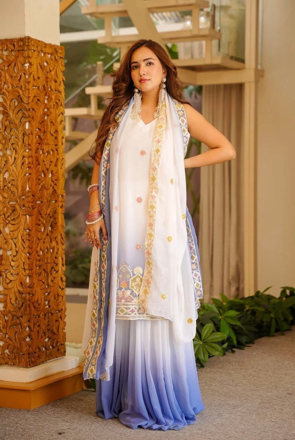 White Ombre Silk Embroidered Short Kurta Palazzo Set With Dupatta