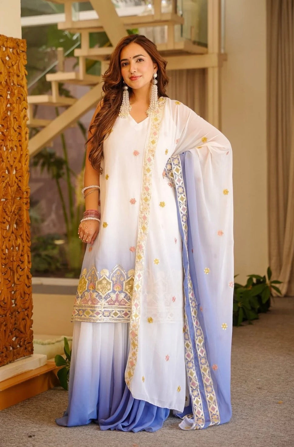 White Ombre Silk Embroidered Short Kurta Palazzo Set With Dupatta