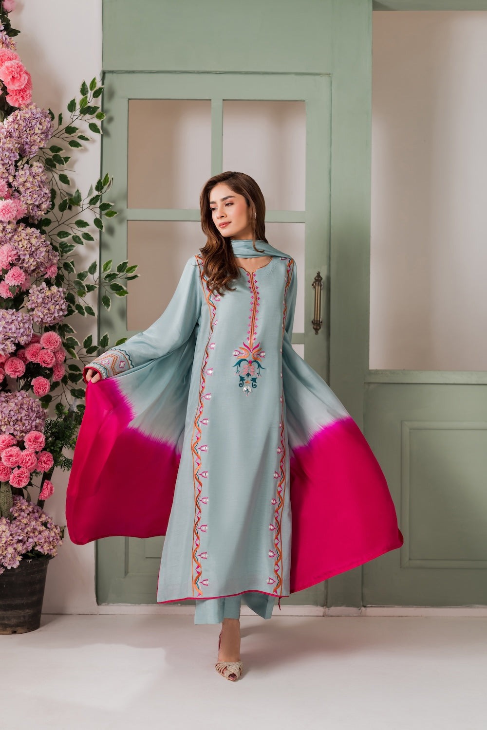 Sky Blue Embroidered Straight Kurta Suit Set for Women