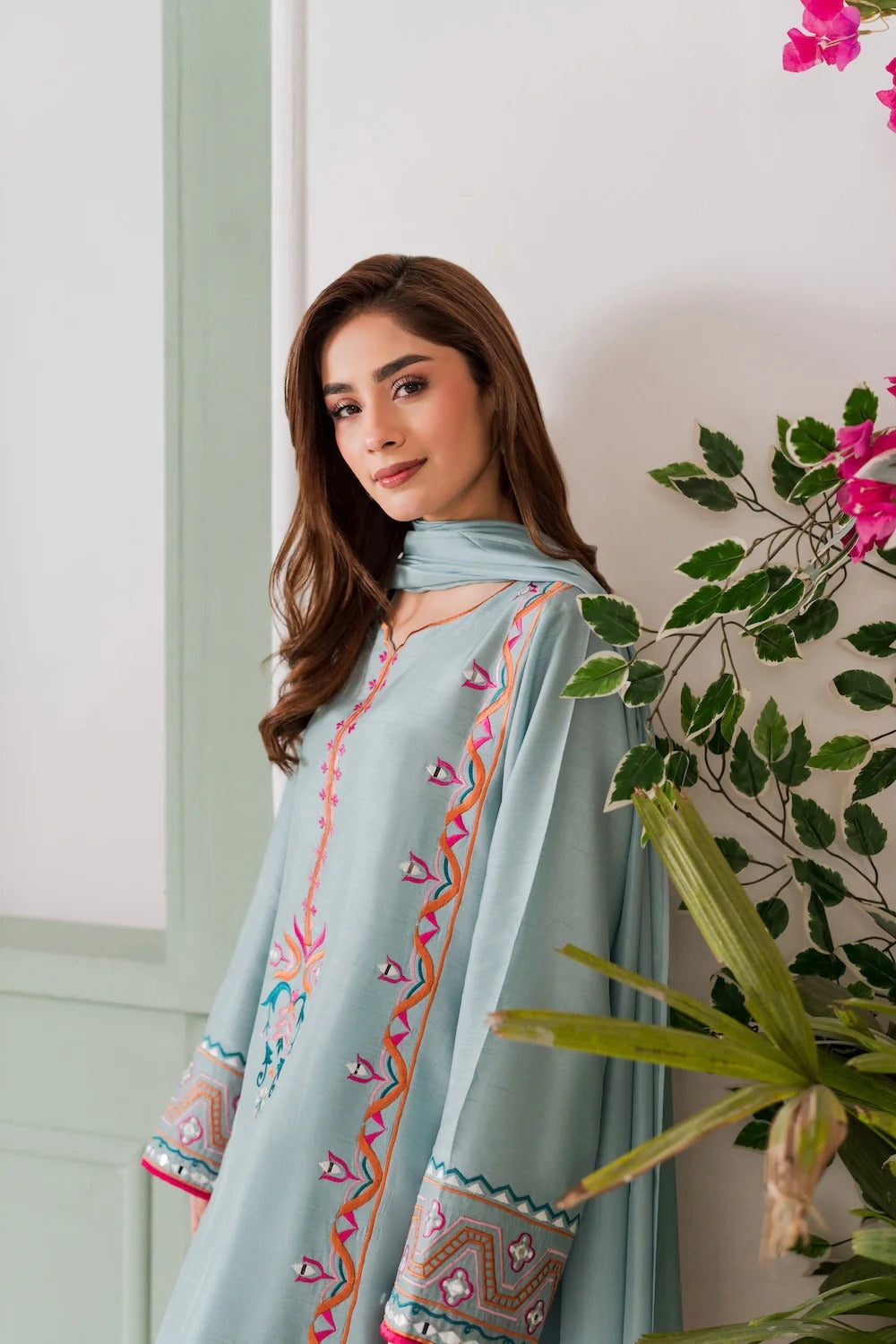 Sky Blue Embroidered Straight Kurta Suit Set for Women