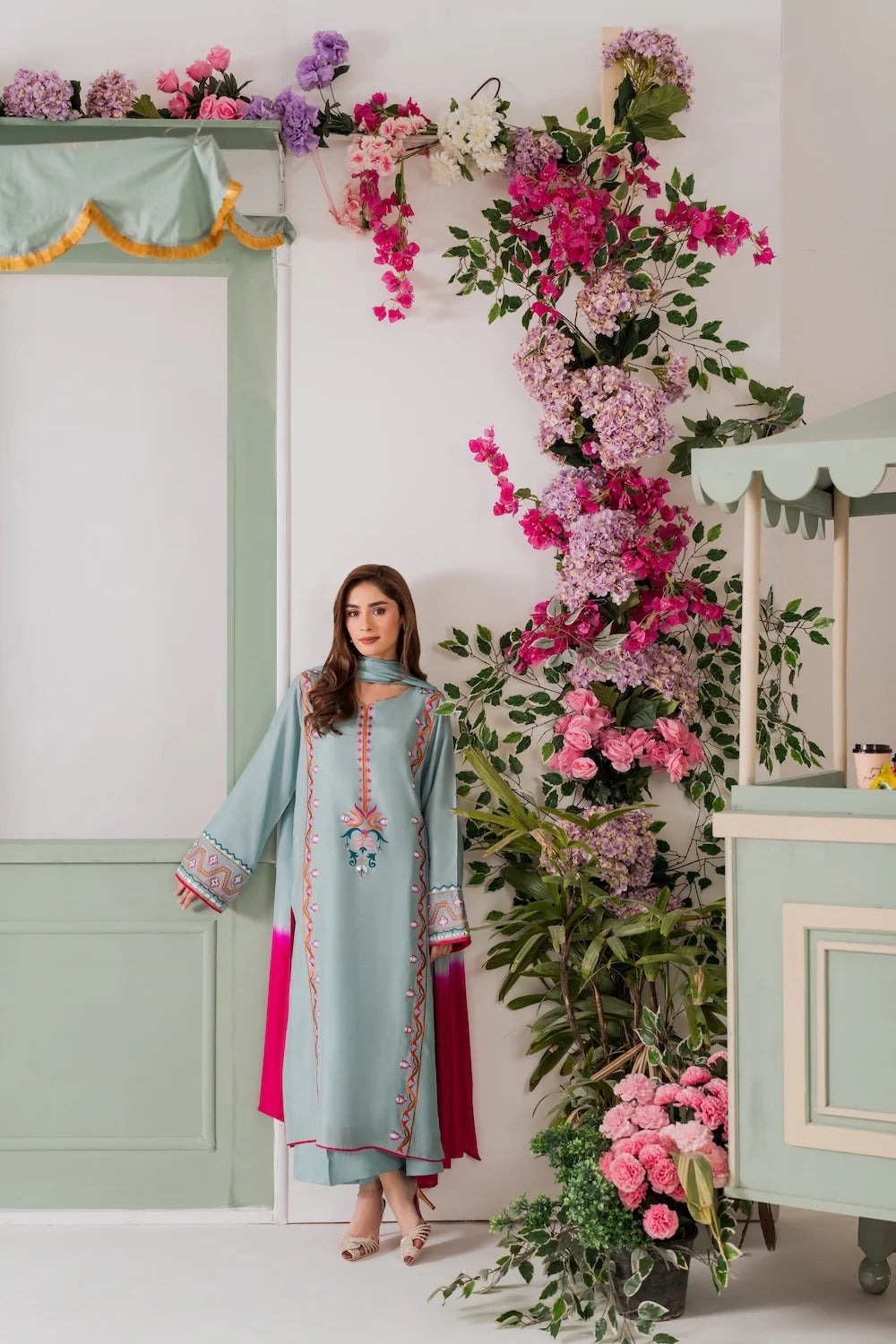 Sky Blue Embroidered Straight Kurta Suit Set for Women