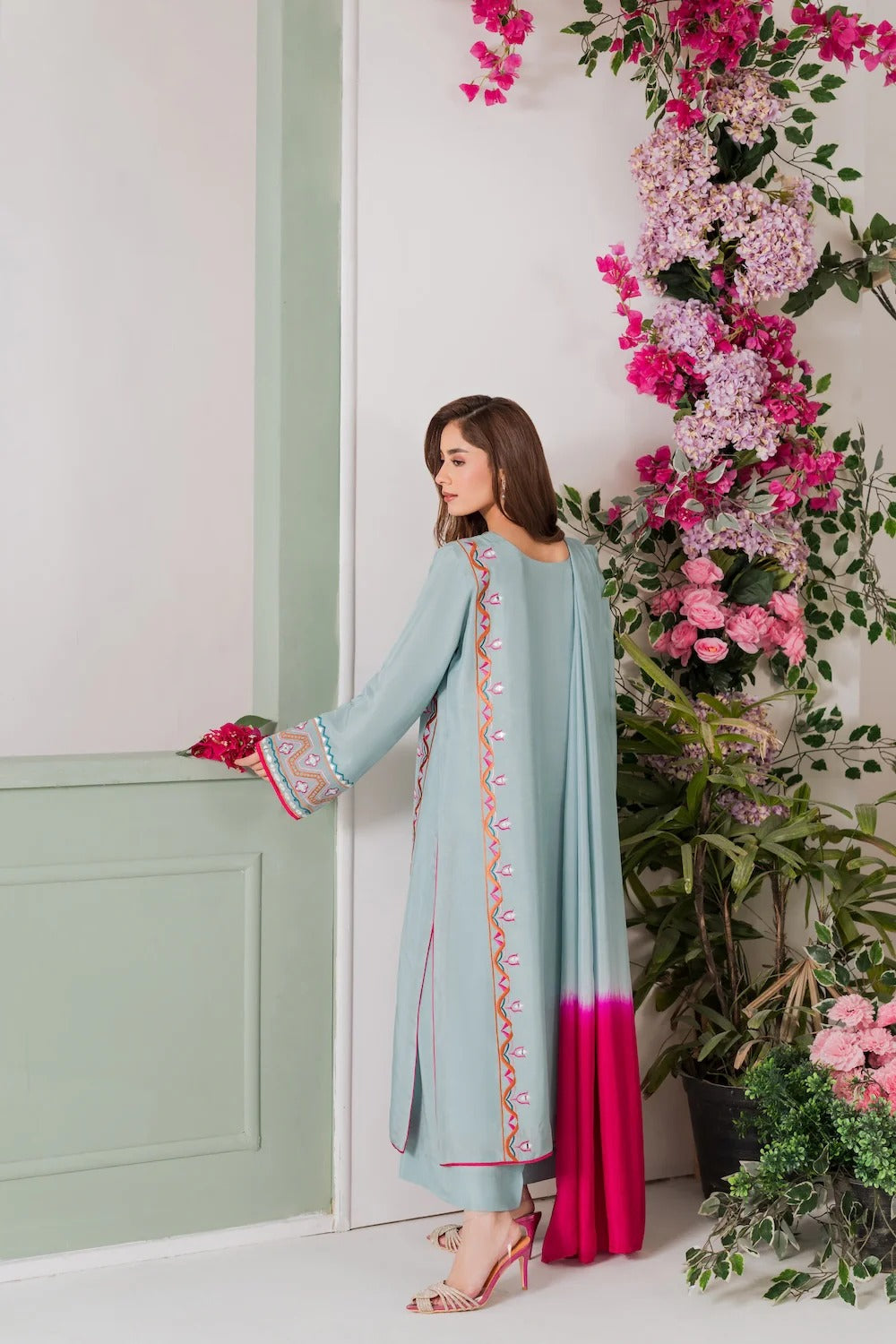 Sky Blue Embroidered Straight Kurta Suit Set for Women