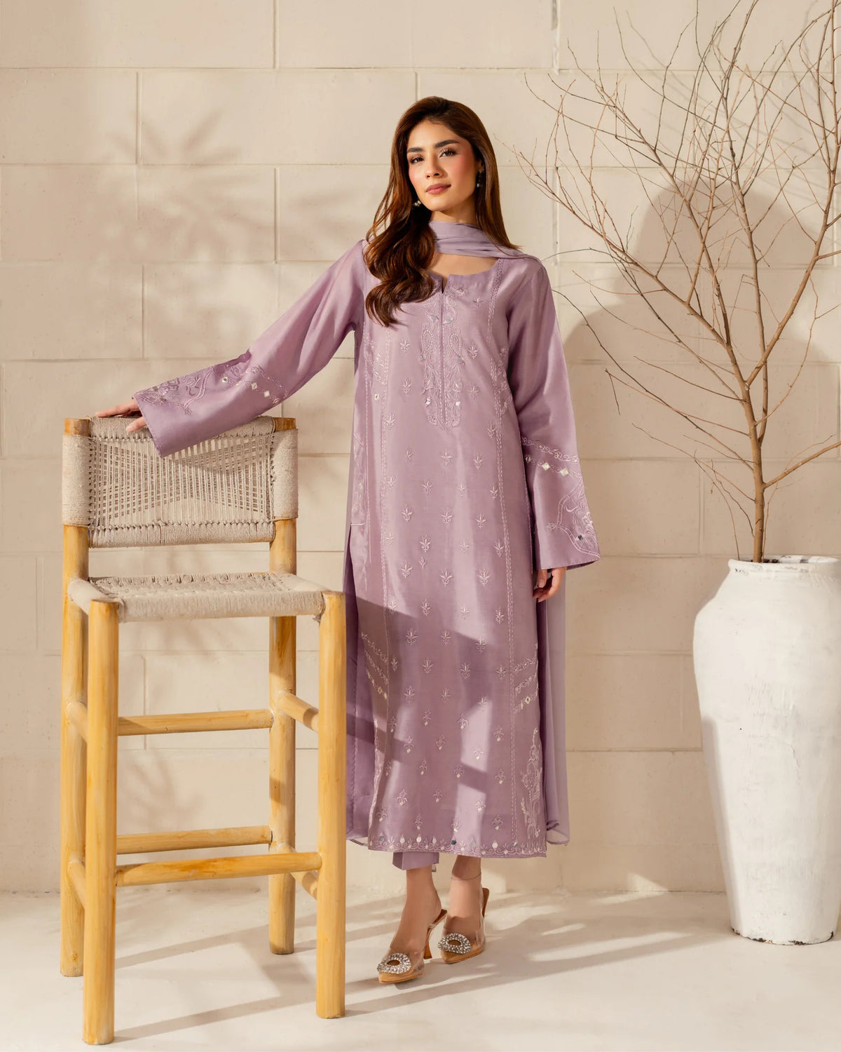 Mauve Embroidered Straight Kurta Suit Set for Women