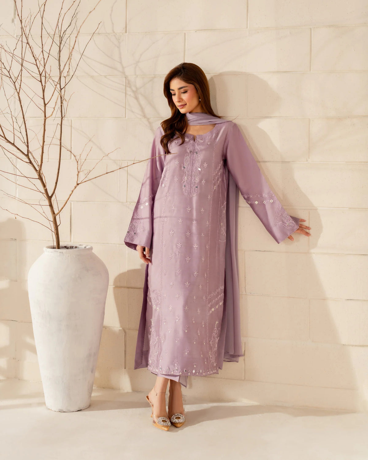Mauve Embroidered Straight Kurta Suit Set for Women