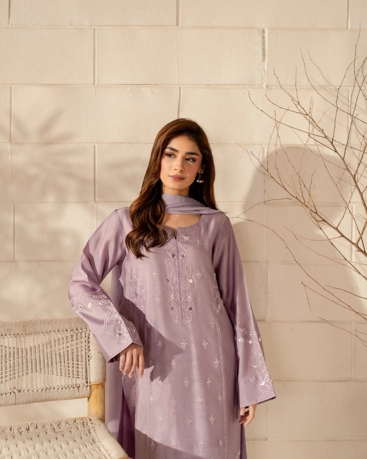 Mauve Embroidered Straight Kurta Suit Set for Women