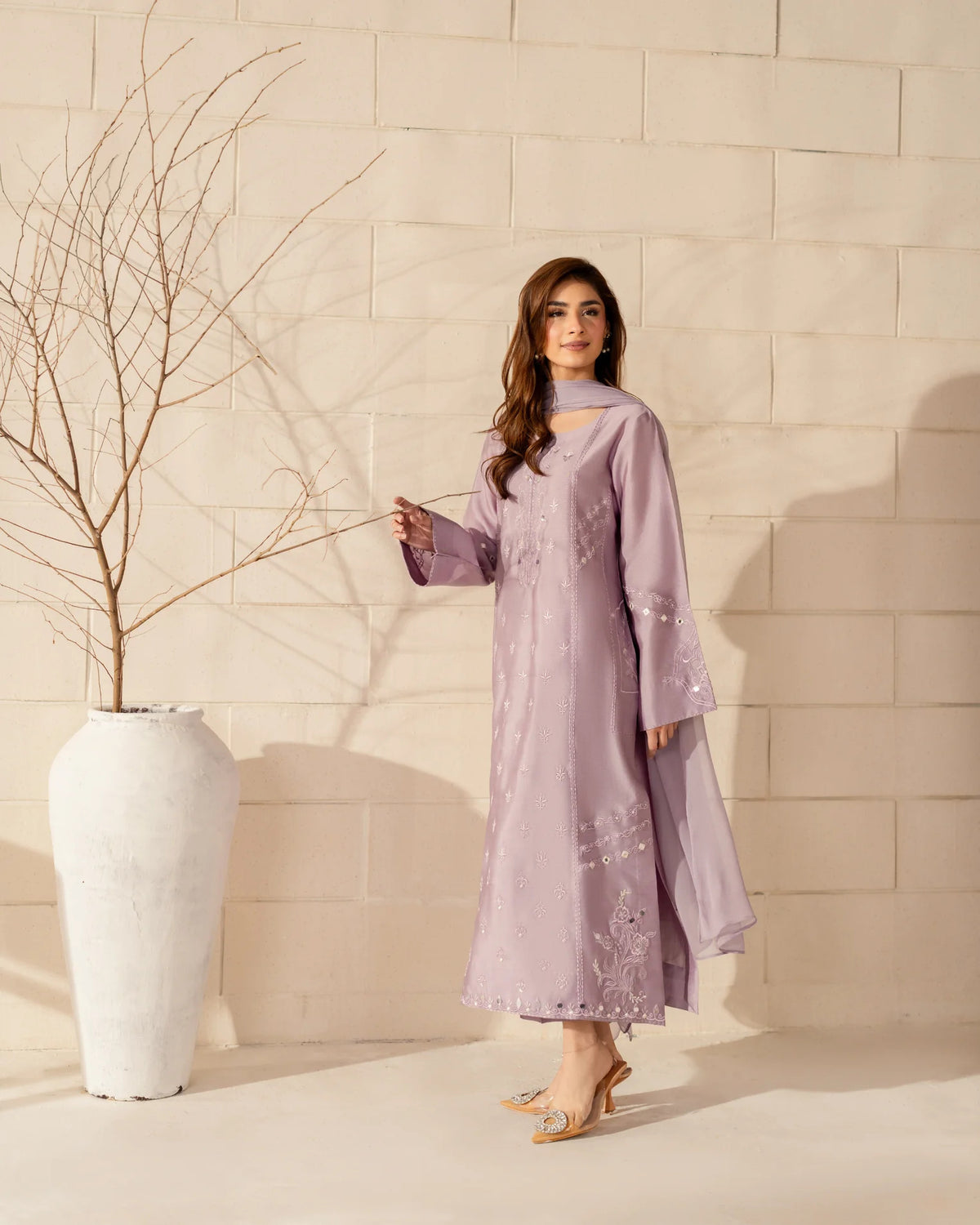 Mauve Embroidered Straight Kurta Suit Set for Women