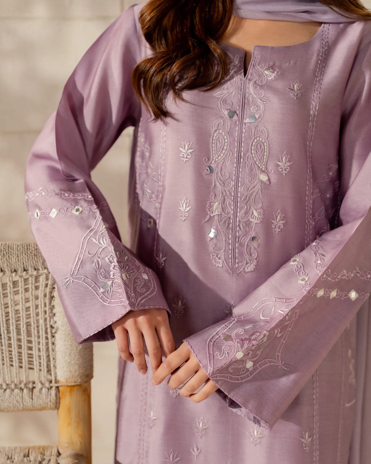 Mauve Embroidered Straight Kurta Suit Set for Women