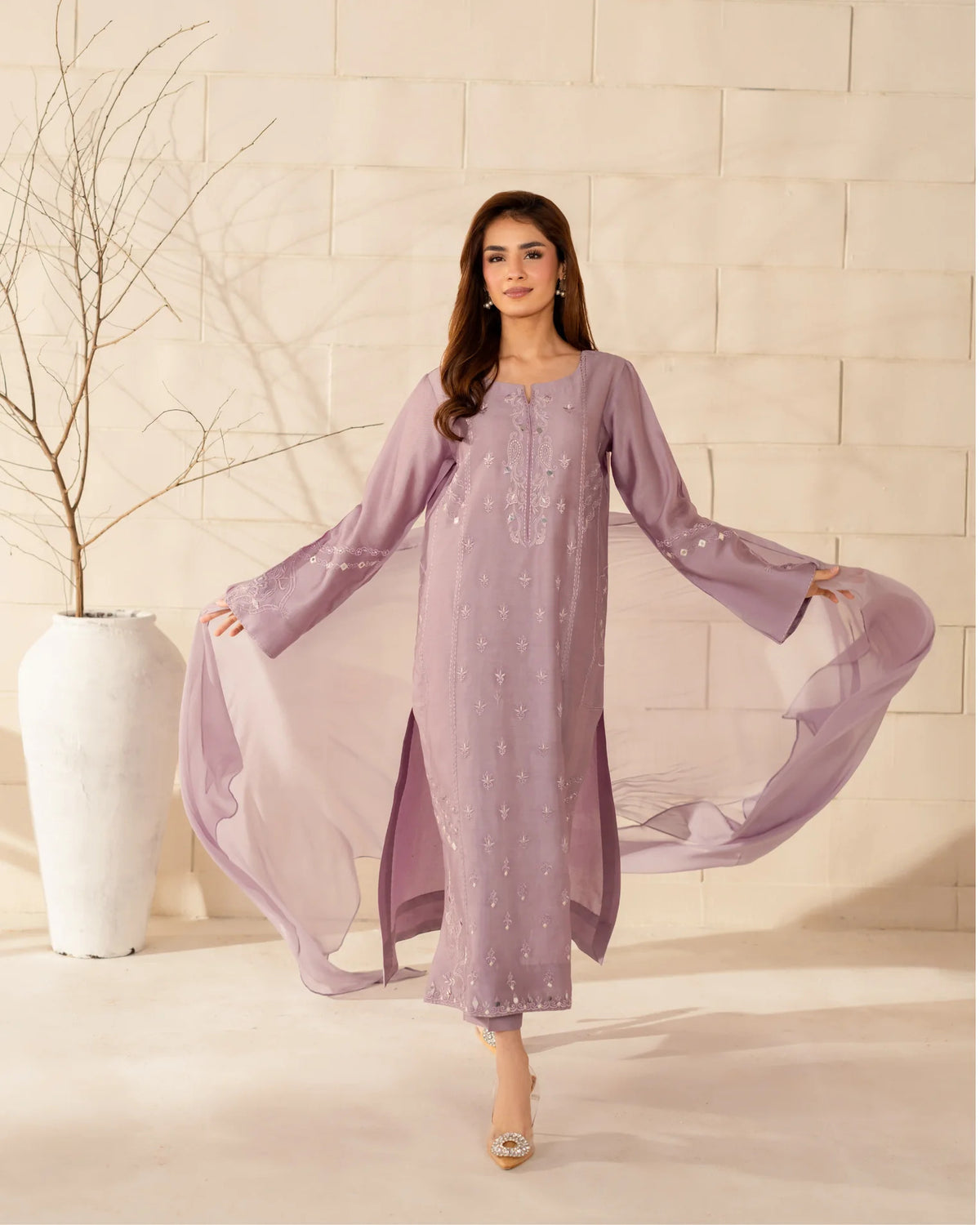 Mauve Embroidered Straight Kurta Suit Set for Women