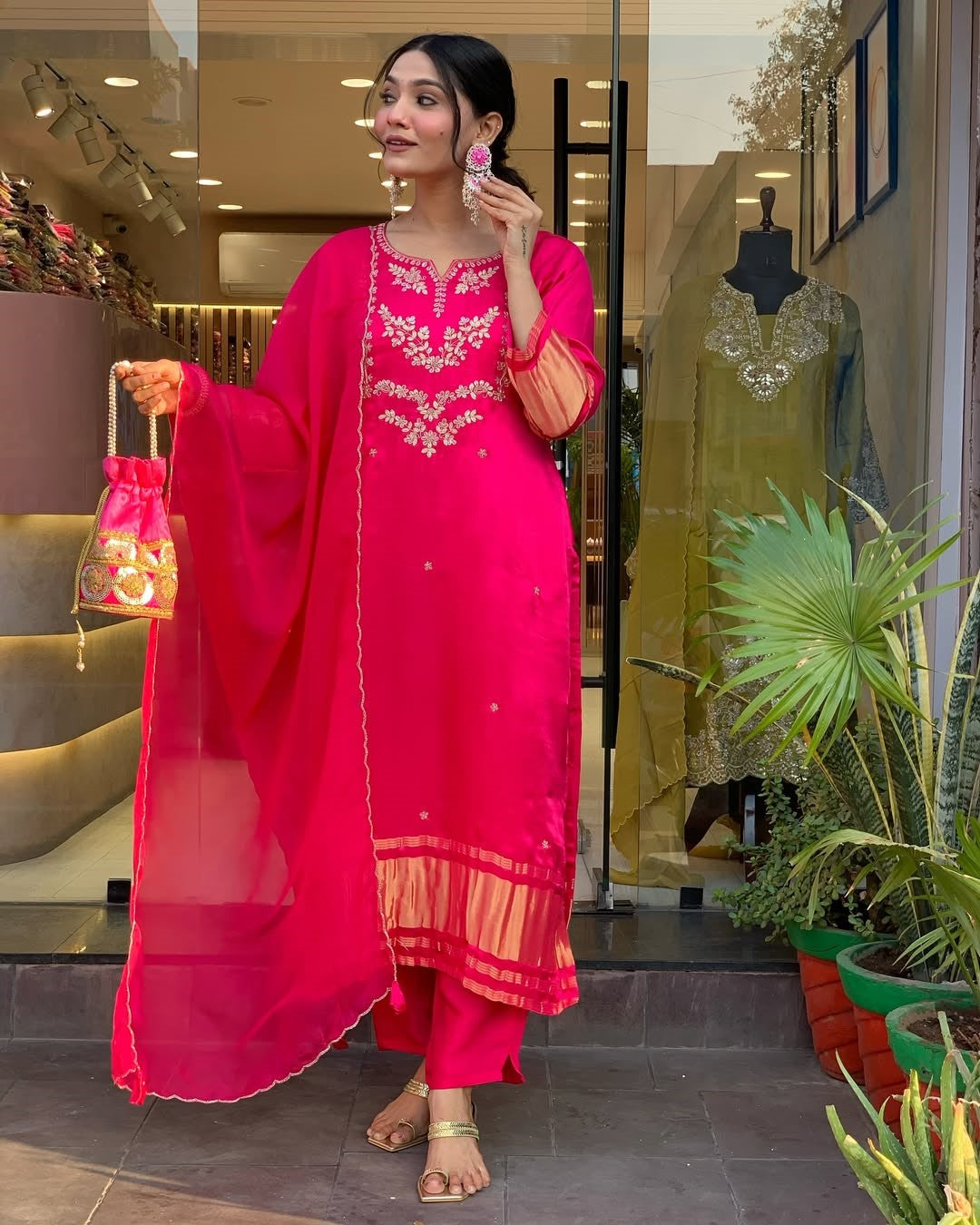 Rani Pink Embroidered A-Line Kurta Suit Set