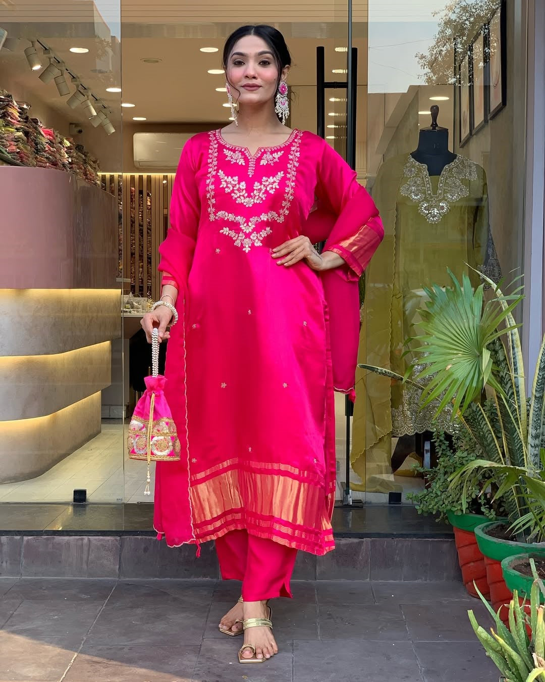 Rani Pink Embroidered A-Line Kurta Suit Set
