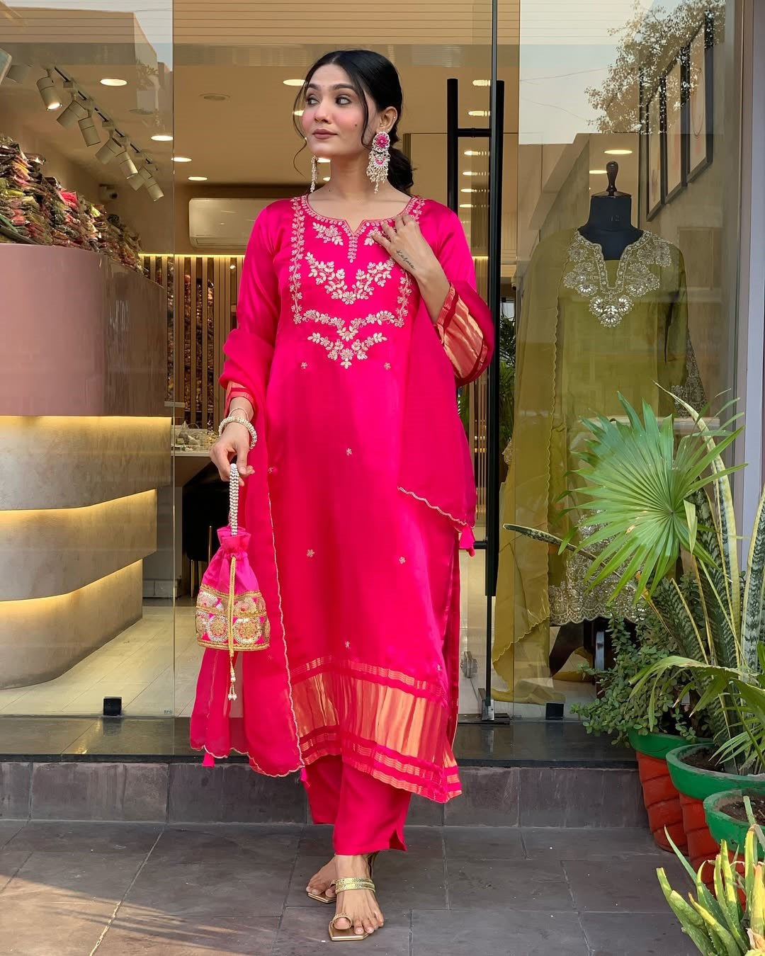 Rani Pink Embroidered A-Line Kurta Suit Set